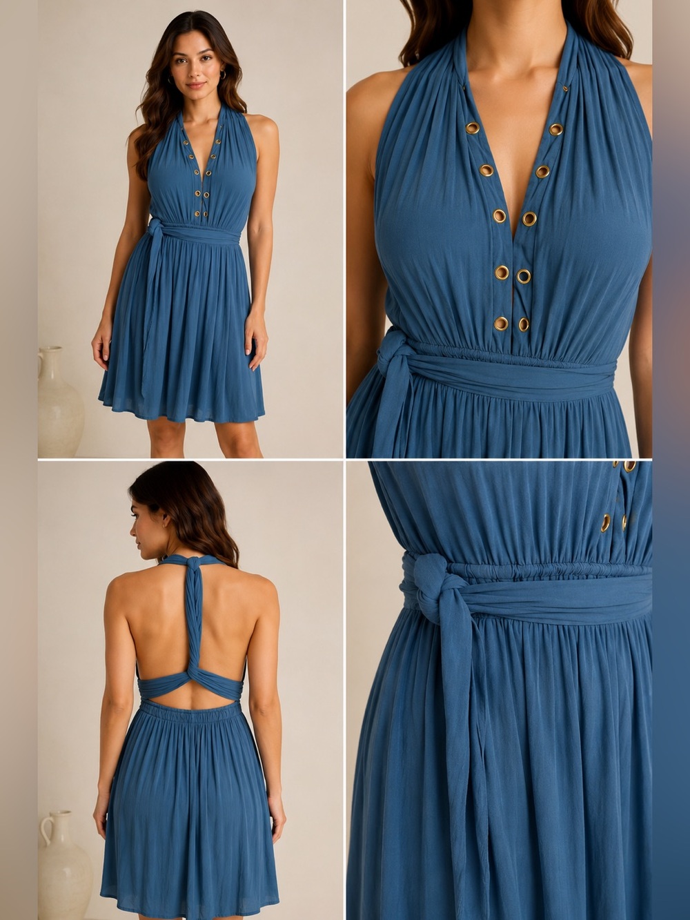 New Halter Eyelet-Front Teal Mini Dress with Self-Tie Waist